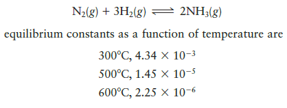 N₂(g) + 3H₂(g) → 2NH3(g)
equilibrium constants as a function of temperature are
300°C, 4.34 x 10-3
500°C, 1.45 x 10-5
600°C, 2.25 x 10-6