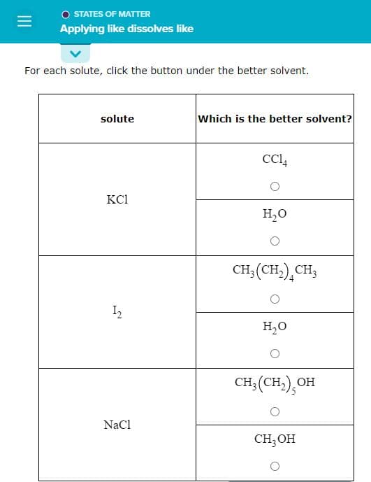 =
O STATES OF MATTER
Applying like dissolves like
For each solute, click the button under the better solvent.
solute
KC1
1₂
N
NaCl
Which is the better solvent?
CC14
H₂O
CH3 (CH₂) CH3
H₂O
CH₂(CH₂), OH
CH₂OH