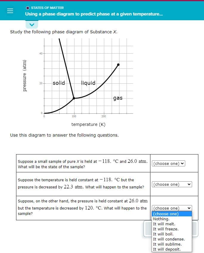 O STATES OF MATTER
Using a phase diagram to predict phase at a given temperature...
Study the following phase diagram of Substance X.
pressure (atm)
40
20-
0-
solid
100
liquid
200
gas
temperature (K)
Use this diagram to answer the following questions.
Suppose a small sample of pure X is held at -118. °C and 26.0 atm.
What will be the state of the sample?
Suppose the temperature is held constant at -118. °C but the
pressure is decreased by 22.3 atm. What will happen to the sample?
Suppose, on the other hand, the pressure is held constant at 26.0 atm
but the temperature is decreased by 120. °C. What will happen to the
sample?
(choose one) ✓
(choose one)
(choose one)
(choose one)
Nothing.
It will melt.
It will freeze.
It will boil.
It will condense.
It will sublime.
It will deposit.