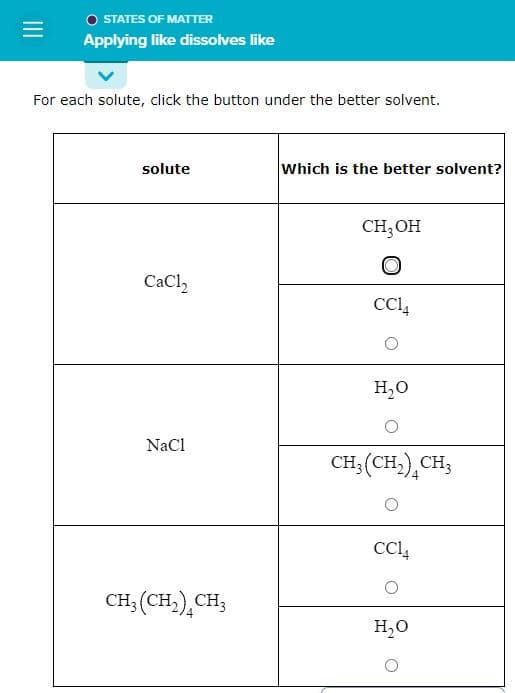 =
STATES OF MATTER
Applying like dissolves like
For each solute, click the button under the better solvent.
solute
CaCl₂
NaCl
CH3 (CH₂) CH3
Which is the better solvent?
CH3OH
O
CC14
H₂O
CH₂(CH₂) CH3
4
CC14
H₂O