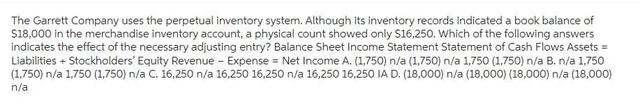 The Garrett Company uses the perpetual inventory system. Although its inventory records indicated a book balance of
$18,000 in the merchandise inventory account, a physical count showed only $16,250. Which of the following answers
indicates the effect of the necessary adjusting entry? Balance Sheet Income Statement Statement of Cash Flows Assets =
Liabilities + Stockholders' Equity Revenue - Expense = Net Income A. (1,750) n/a (1,750) n/a 1,750 (1,750) n/a B. n/a 1,750
(1,750) n/a 1,750 (1,750) n/a C. 16,250 n/a 16,250 16,250 n/a 16,250 16,250 IA D. (18,000) n/a (18,000) (18,000) n/a (18,000)
n/a