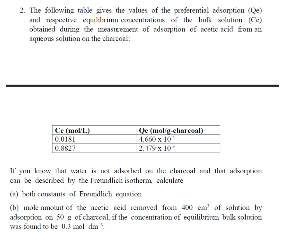 2. The following table gives the values of the preferential adsorption (Qe)
and respective equilibrium concentrations of the bulk solution (Ce)
obtained during the measurement of adsorption of acetic acid from an
aqueous solution on the charcoal:
Ce (mol/L)
Qe (mol/g-charcoal)
4.660 x 104
0.0181
0.8827
2.479 x 103
If you know that water is not adsorbed on the charcoal and that adsorption
can be described by the Freundlich isotherm, calculate
(a) both constants of Freundlich equation
(b) mole amount of the acetic acid removed from 400 cm³ of solution by
adsorption on 50 g ofcharcoal, if the concentration of equilibrium bulk solution
was found to be 0.3 mol dm-³.
