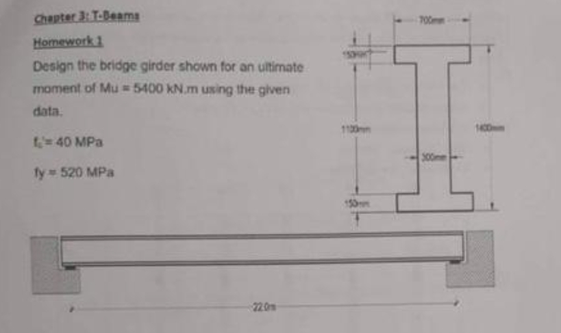 Chapter 3: T-Beams
Homework 1
700m
Design the bridge girder shown for an ultimate
moment of Mu = 5400 kN.m using the given
data.
110m
- 40 MPa
300mm
fy 520 MPa
150m
22.0m
