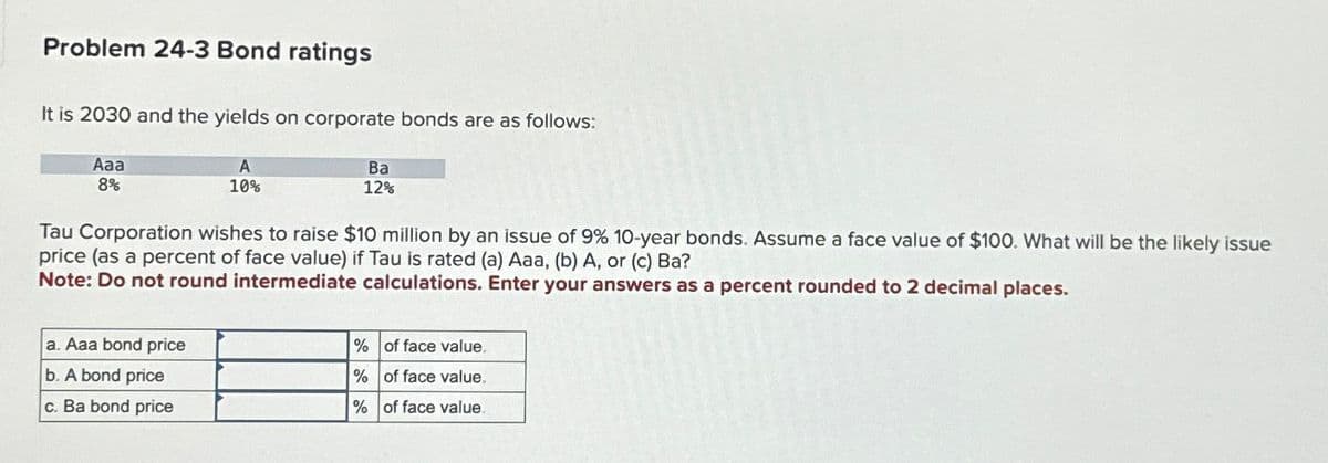 Problem 24-3 Bond ratings
It is 2030 and the yields on corporate bonds are as follows:
Aaa
8%
A
10%
Ba
12%
Tau Corporation wishes to raise $10 million by an issue of 9% 10-year bonds. Assume a face value of $100. What will be the likely issue
price (as a percent of face value) if Tau is rated (a) Aaa, (b) A, or (c) Ba?
Note: Do not round intermediate calculations. Enter your answers as a percent rounded to 2 decimal places.
a. Aaa bond price
b. A bond price
c. Ba bond price
%
of face value.
%
of face value.
% of face value.