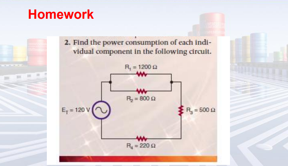 Homework
2. Find the power consumption of each indi-
vidual component in the following circuit.
E₁ = 120 V
R₁ = 1200 £2
ww
w
R₂ = 800 £2
w
R₁ = 220 2
R₂ = 500 £2