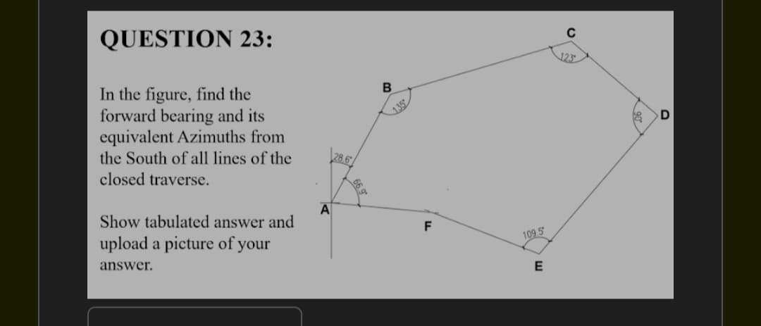 QUESTION 23:
In the figure, find the
forward bearing and its
equivalent Azimuths from
the South of all lines of the
closed traverse.
Show tabulated answer and
upload a picture of your
answer.
A
Co
B
F
109.5
E
C
18
D