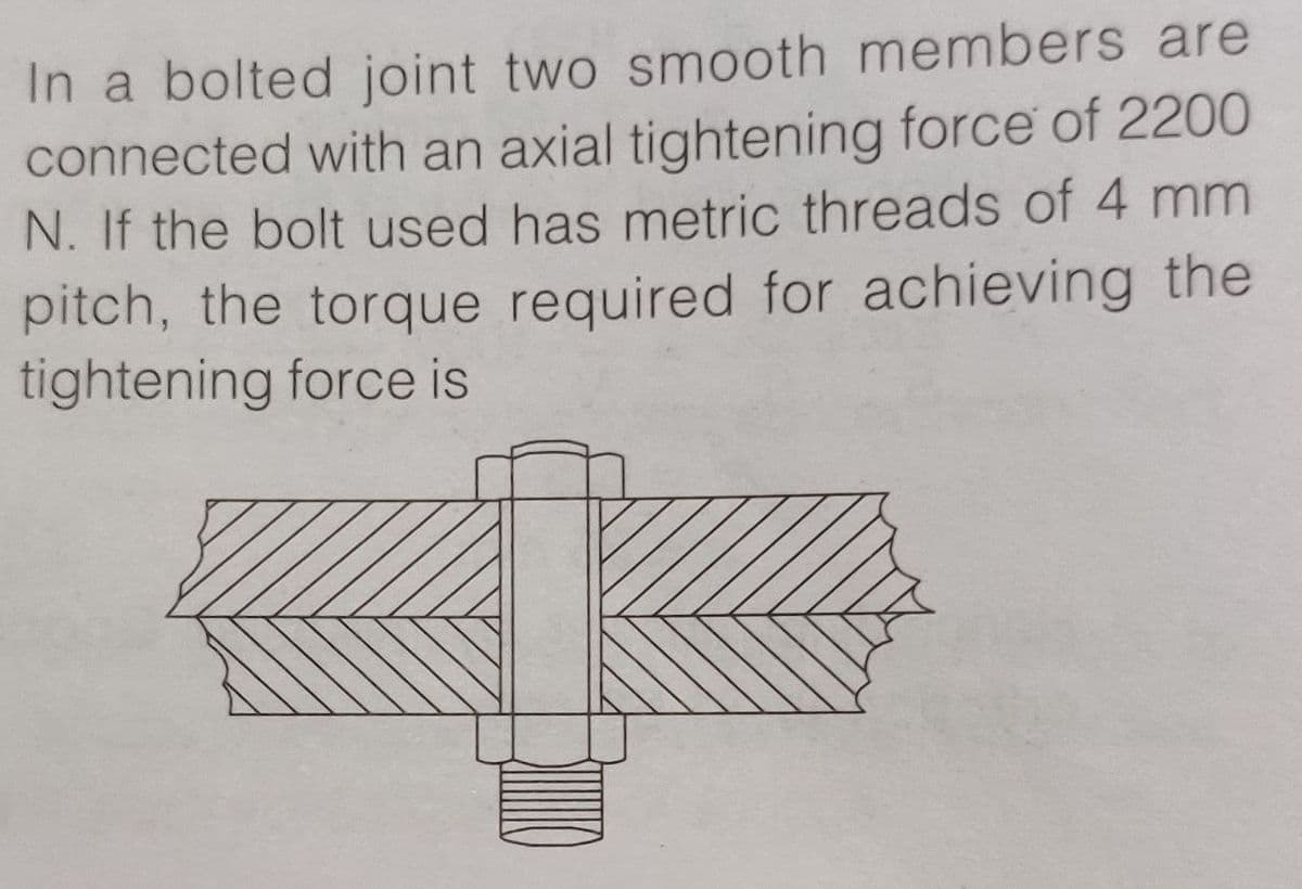In a bolted joint two smooth members are
connected with an axial tightening force of 2200
N. If the bolt used has metric threads of 4 mm
pitch, the torque required for achieving the
tightening force is
