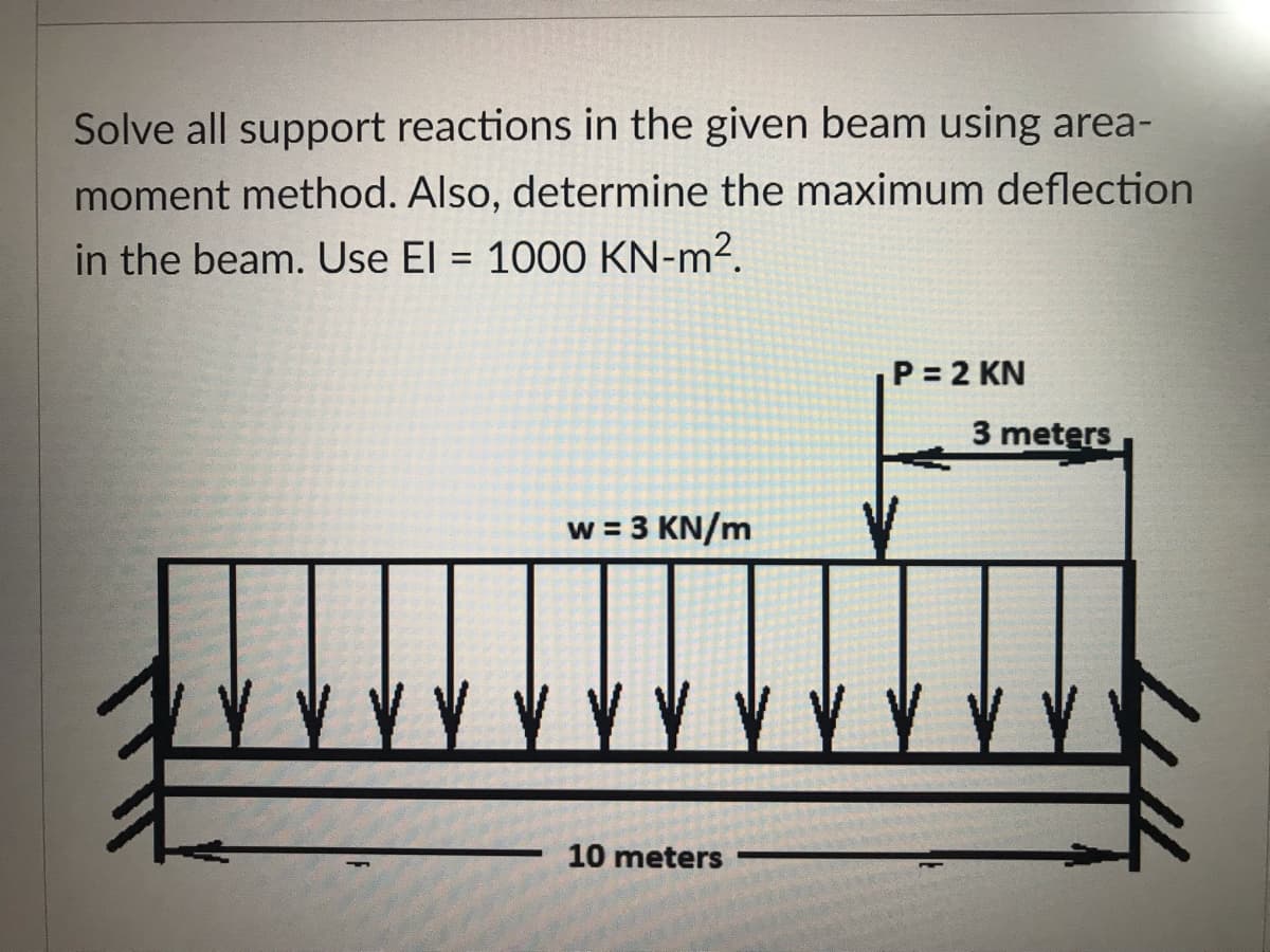 Solve all support reactions in the given beam using area-
moment method. Also, determine the maximum deflection
in the beam. Use El = 1000 KN-m².
%3D
P = 2 KN
3 meters
w = 3 KN/m
%D
10 meters
