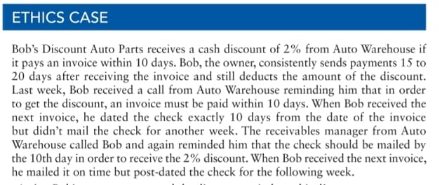 ETHICS CASE
Bob's Discount Auto Parts receives a cash discount of 2% from Auto Warehouse if
it pays an invoice within 10 days. Bob, the owner, consistently sends payments 15 to
20 days after receiving the invoice and still deducts the amount of the discount.
Last week, Bob received a call from Auto Warehouse reminding him that in order
to get the discount, an invoice must be paid within 10 days. When Bob received the
next invoice, he dated the check exactly 10 days from the date of the invoice
but didn't mail the check for another week. The receivables manager from Auto
Warehouse called Bob and again reminded him that the check should be mailed by
the 10th day in order to receive the 2% discount. When Bob received the next invoice,
he mailed it on time but post-dated the check for the following week.

