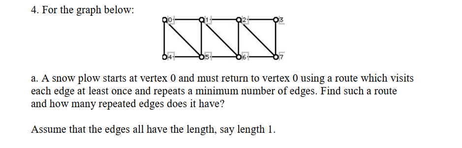 4. For the graph below:
a. A snow plow starts at vertex 0 and must return to vertex 0 using a route which visits
each edge at least once and repeats a minimum number of edges. Find such a route
and how many repeated edges does it have?
Assume that the edges all have the length, say length 1.
