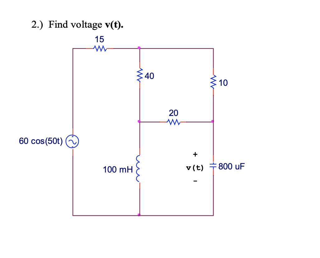 2.) Find voltage v(t).
15
40
3 10
20
60 cos(50t)
100 mH
v (t)
800 uF
