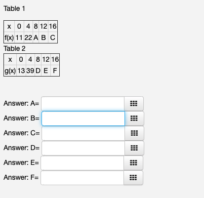 Table 1
x 0 4 8 12 16
F(x) 11 22 A B C
Table 2
x 0 4 8 12 16
g(x) 13 39 D E F
Answer: A=
Answer: B=
Answer: C=
Answer: D=
Answer: E=
Answer: F=
