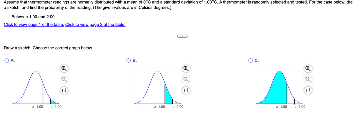 Assume that thermometer readings are normally distributed with a mean of 0°C and a standard deviation of 1.00°C. A thermometer is randomly selected and tested. For the case below, dra
a sketch, and find the probability of the reading. (The given values are in Celsius degrees.)
Between 1.00 and 2.00
Click to view page 1 of the table. Click to view page 2 of the table.
Draw a sketch. Choose the correct graph below.
O A.
Z=1.00
Q
Z=2.00
B.
Z=1.00
Z=2.00
z=1.00
Z=2.00
