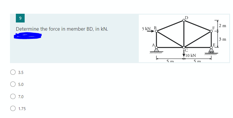 2 m
Determine the force in member BD, in kN.
5 kN B
3 m
V10 kN
5 m
5 m
3.5
5.0
7.0
O 1.75
