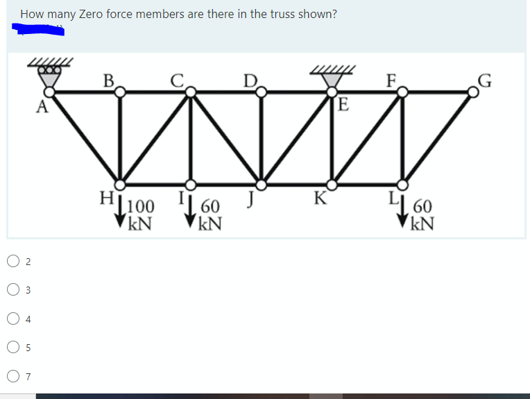How many Zero force members are there in the truss shown?
В
D
F
E
A
K
H[100
kN
60
kN
LL 60
kN
O 2
O 3
5
O 7
