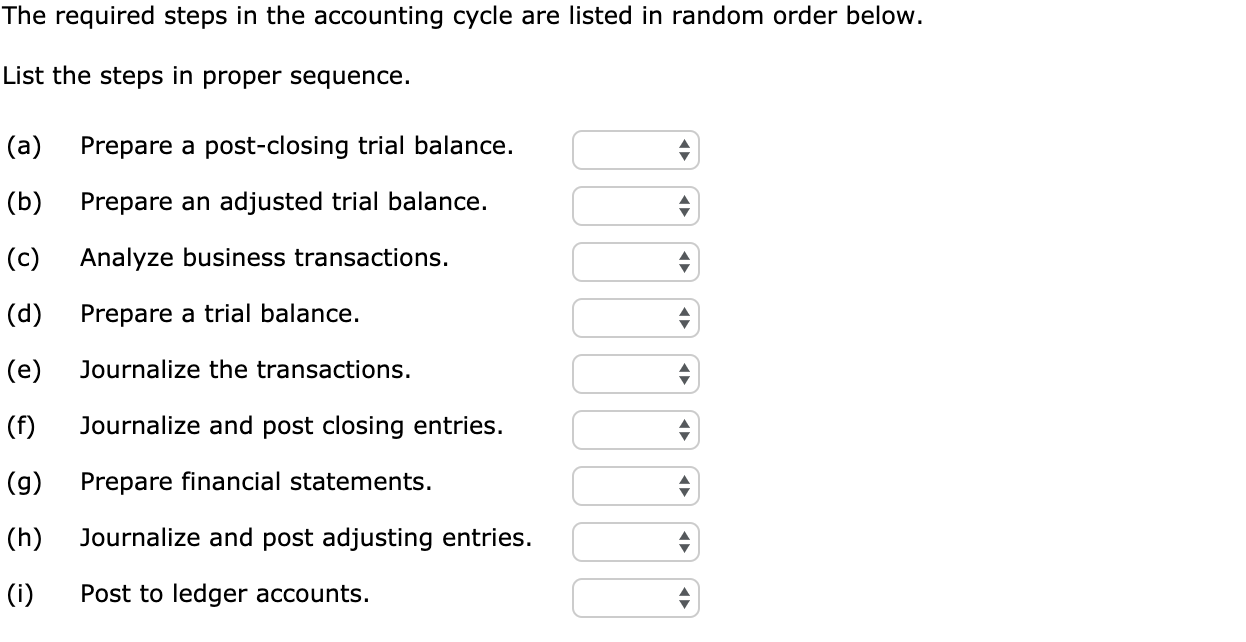 The required steps in the accounting cycle are listed in random order below.
List the steps in proper sequence.
(a)
Prepare a post-closing trial balance.
(b)
Prepare an adjusted trial balance.
(c)
Analyze business transactions.
(d)
Prepare a trial balance.
(e)
Journalize the transactions.
(f)
Journalize and post closing entries.
(g)
Prepare financial statements.
(h)
Journalize and post adjusting entries.
(i)
Post to ledger accounts.
