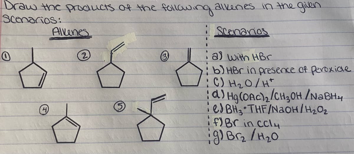 Draw the products of the following alkenes in the given
Scenarios:
O
Allenes
2
Scenarios
a) with HBr
b) HBr in presence of Peroxide
: C) H₂O / H+
d) Hg(OAc)2/CH3OH/NaBH4
THF/NaOH/H₂O₂
eBH
if) Br in cclu
g) Br₂ /H₂O