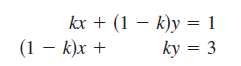 kx + (1 – k)y = 1
(1 – k)x +
%3D
ky = 3
