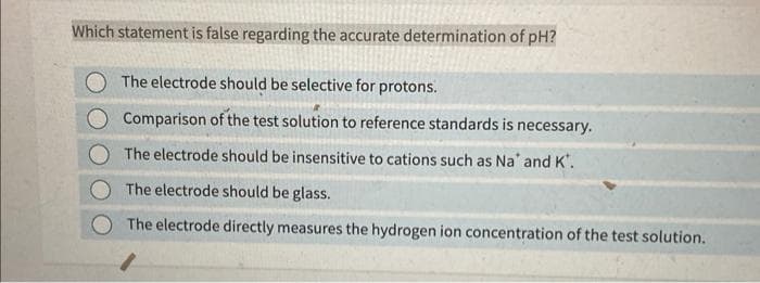 Which statement is false regarding the accurate determination of pH?
The electrode should be selective for protons.
Comparison of the test solution to reference standards is necessary.
The electrode should be insensitive to cations such as Na' and K'.
The electrode should be glass.
The electrode directly measures the hydrogen ion concentration of the test solution.
