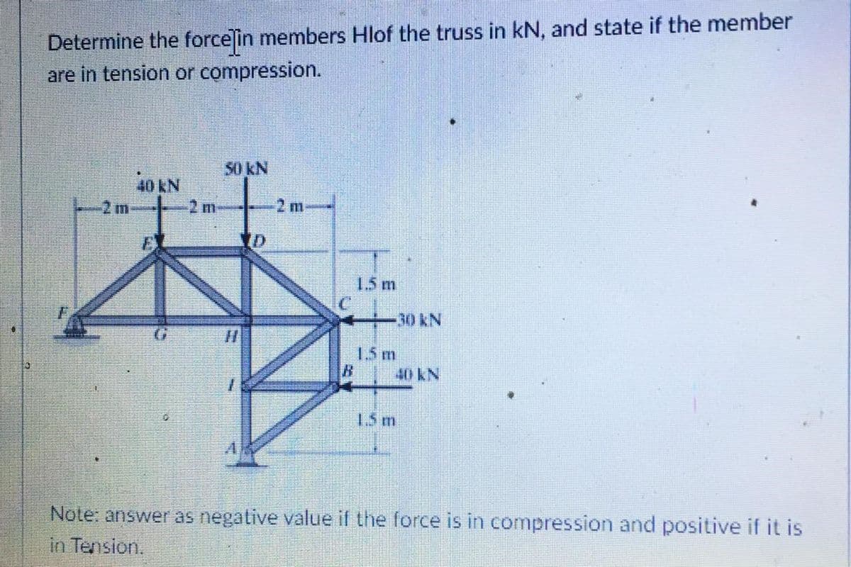 Determine the forcelin members Hlof the truss in kN, and state if the member
are in tension or compression.
50 kN
40 KN
-2m
2m
2 m
ID
15 m
30KN
15 m
40KN
15 m
Note: answer as negative value if the force is in compression and positive if it is
in Tension.
