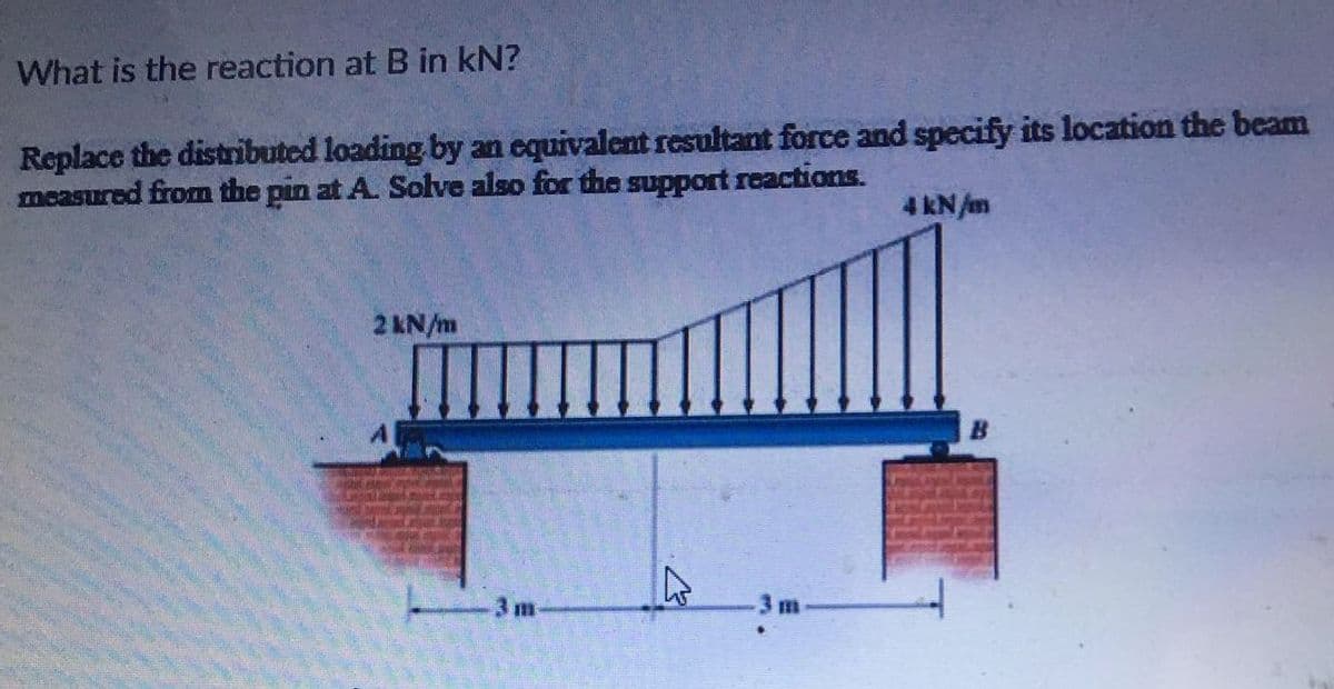 What is the reaction at B in kN?
Replace the distributed loading by an equivalent resultant force and specify its location the beam
measured from the pin at A. Solve also for the support reactions.
4 kN/m
2 KN/m
3m
