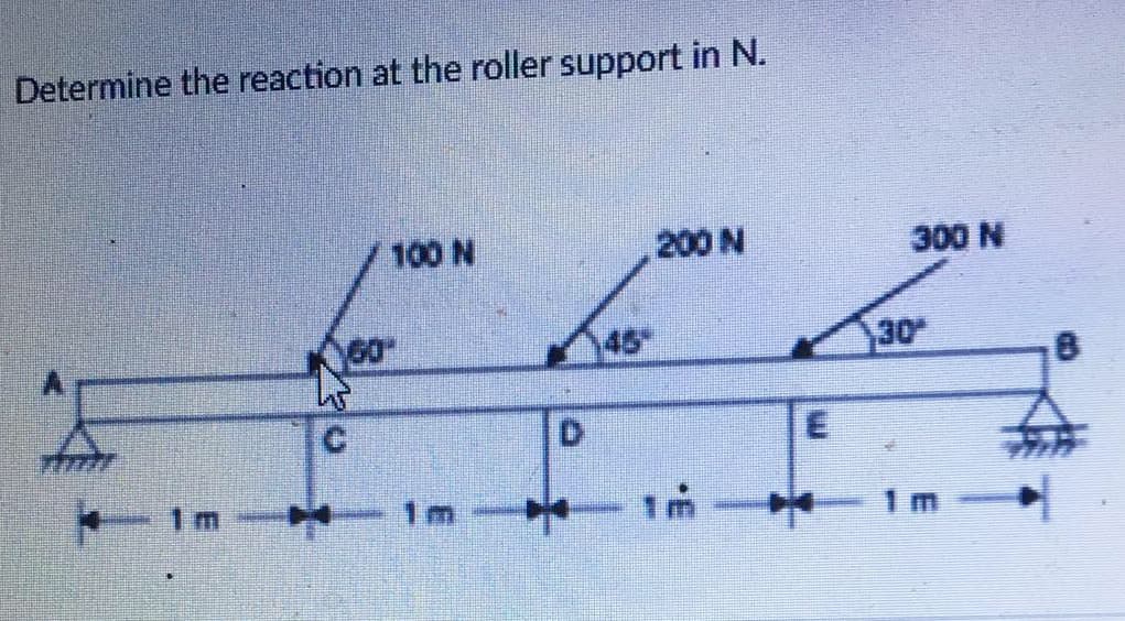 Determine the reaction at the roller support in N.
100 N
200 N
300 N
60
45
30
1 m
1 m
