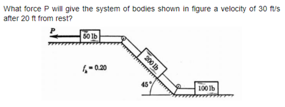 What force P will give the system of bodies shown in figure a velocity of 30 ft/s
after 20 ft from rest?
P
50 lb
200 lb
- 0.20
45
100 lb
