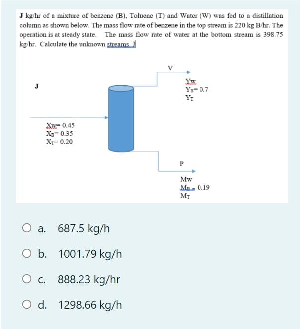 J kg/hr of a mixture of benzene (B), Toluene (T) and Water (W) was fed to a distillation
column as shown below. The mass flow rate of benzene in the top stream is 220 kg B/hr. The
operation is at steady state. The mass flow rate of water at the bottom stream is 398.75
kg/hr. Calculate the unknown streams
J
Yв- 0.7
YT
Xw= 0.45
XB= 0.35
Xr= 0.20
Mw
Ma - 0.19
MT
Оа.
O a. 687.5 kg/h
O b. 1001.79 kg/h
O c. 888.23 kg/hr
O d. 1298.66 kg/h
