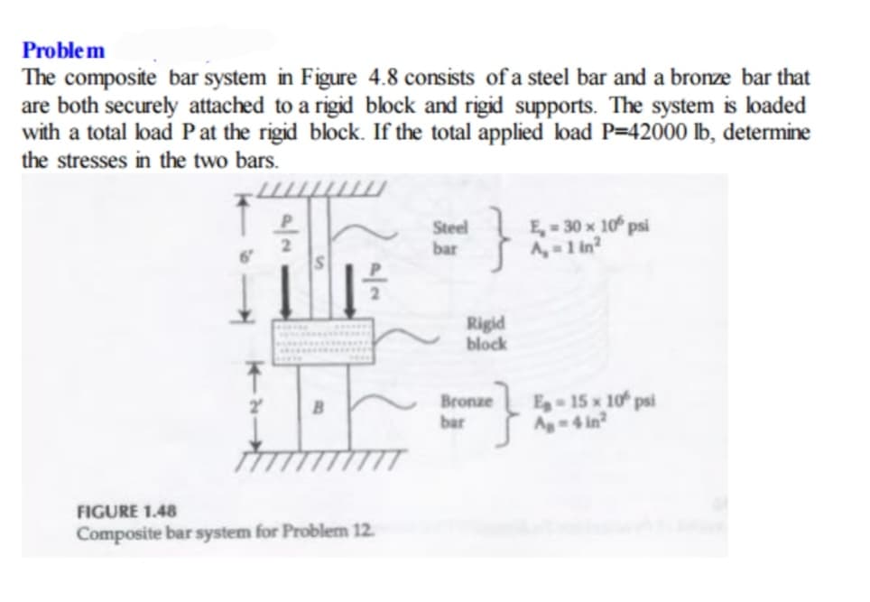 Problem
The composite bar system in Figure 4.8 consists of a steel bar and a bronze bar that
are both securely attached to a rigid block and rigid supports. The system is loaded
with a total load P at the rigid block. If the total applied load P=42000 lb, determine
the stresses in the two bars.
6′
S
TE
FIGURE 1.48
Composite bar system for Problem 12.
Steel
bar
}
Rigid
block
-}
Bronze
bar
E₂ = 30 x 10º psi
A₂ = 1 in²
E-15 x 10 psi
Ag-4 in²
