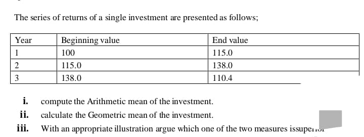 The series of returns of a single investment are presented as follows;
Beginning value
100
115.0
138.0
Year
1
2
3
End value
115.0
138.0
110.4
i.
compute the Arithmetic mean of the investment.
ii.
calculate the Geometric mean of the investment.
iii. With an appropriate illustration argue which one of the two measures issupe