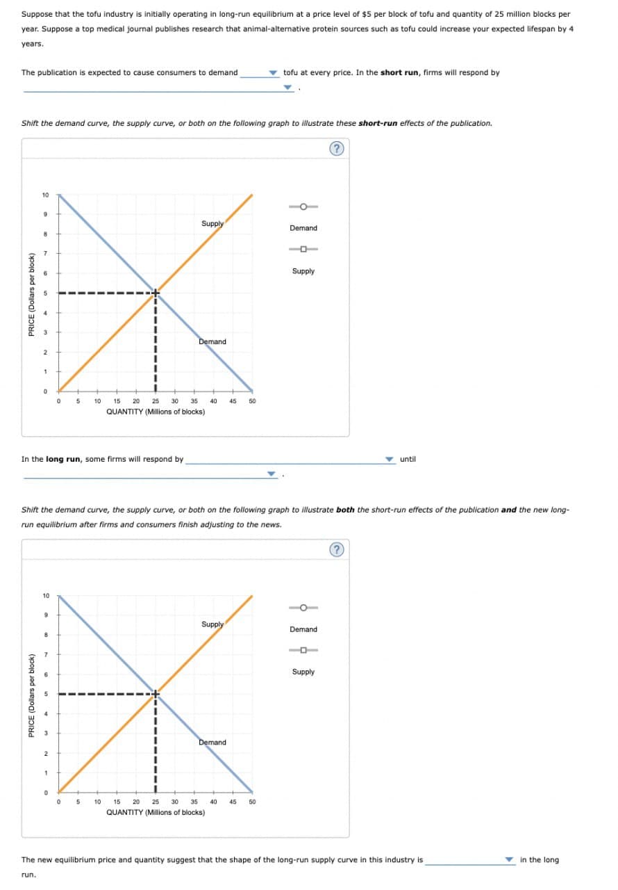 Suppose that the tofu industry is initially operating in long-run equilibrium at a price level of $5 per block of tofu and quantity of 25 million blocks per
year. Suppose a top medical journal publishes research that animal-alternative protein sources such as tofu could increase your expected lifespan by 4
years.
The publication is expected to cause consumers to demand
tofu at every price. In the short run, firms will respond by
Shift the demand curve, the supply curve, or both on the following graph to illustrate these short-run effects of the publication.
PRICE (Dollars per block)
2
1
Supply
Demand
Demand
0
05
10
15 20
25 30 35
40
45
50
QUANTITY (Millions of blocks)
In the long run, some firms will respond by
Supply
until
Shift the demand curve, the supply curve, or both on the following graph to illustrate both the short-run effects of the publication and the new long-
run equilibrium after firms and consumers finish adjusting to the news.
PRICE (Dollars per block)
2
10
9
Supply
Demand
Demand
05 10
15 20 25 30 35 40 45
50
QUANTITY (Millions of blocks)
Supply
The new equilibrium price and quantity suggest that the shape of the long-run supply curve in this industry is
run.
in the long