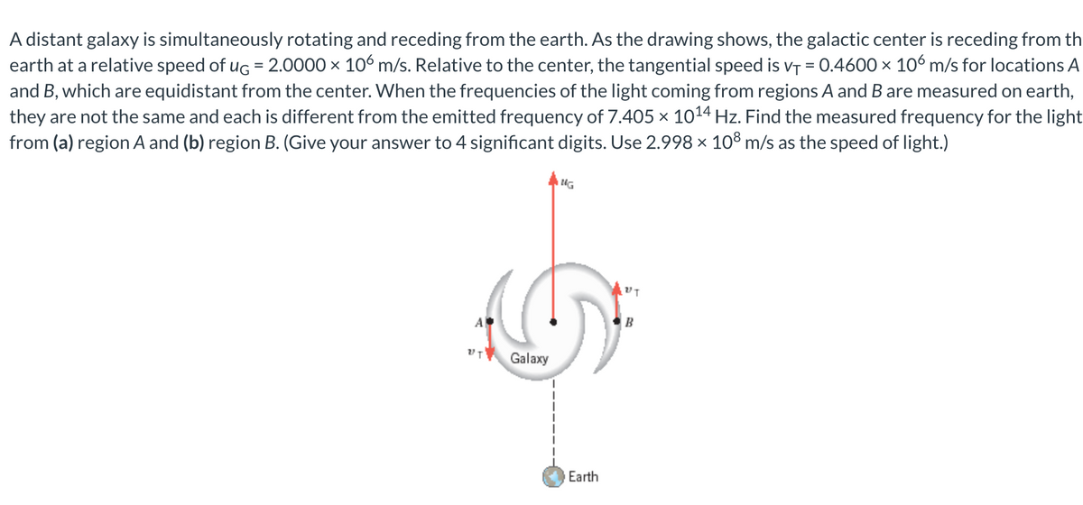 A distant galaxy is simultaneously rotating and receding from the earth. As the drawing shows, the galactic center is receding from th
earth at a relative speed of ug = 2.0000 × 106 m/s. Relative to the center, the tangential speed is v† = 0.4600 × 106 m/s for locations A
and B, which are equidistant from the center. When the frequencies of the light coming from regions A and B are measured on earth,
they are not the same and each is different from the emitted frequency of 7.405 × 10¹4 Hz. Find the measured frequency for the light
from (a) region A and (b) region B. (Give your answer to 4 significant digits. Use 2.998 × 108 m/s as the speed of light.)
A
"T Galaxy
ING
Earth
די.
B