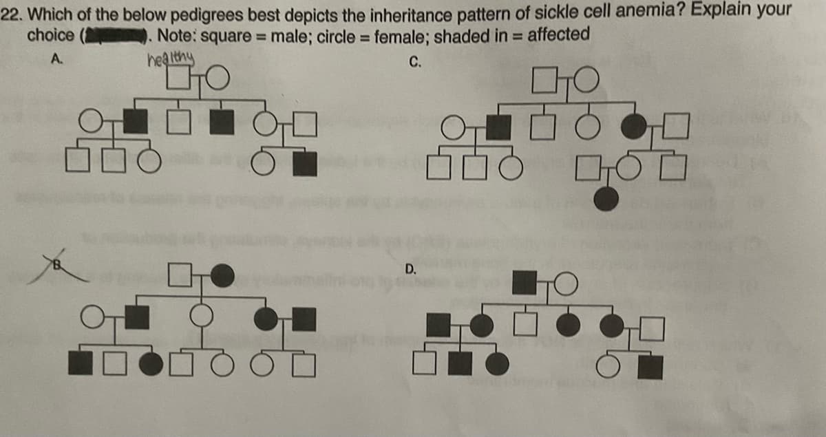 22. Which of the below pedigrees best depicts the inheritance pattern of sickle cell anemia? Explain your
choice (
. Note: square= male; circle = female; shaded in = affected
healthy
A.
C.
CHO
p
399
O
D.
T
DO
On