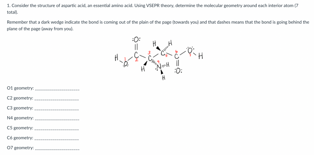 1. Consider the structure of aspartic acid, an essential amino acid. Using VSEPR theory, determine the molecular geometry around each interior atom (7
total).
Remember that a dark wedge indicate the bond is coming out of the plain of the page (towards you) and that dashes means that the bond is going behind the
plane of the page (away from you).
01 geometry:
C2 geometry:
C3 geometry:
N4 geometry:
C5 geometry:
C6 geometry:
07 geometry:
.O.
:O:
||
H
3
H
Ģim
Piling
"NIH ||
:0:
H