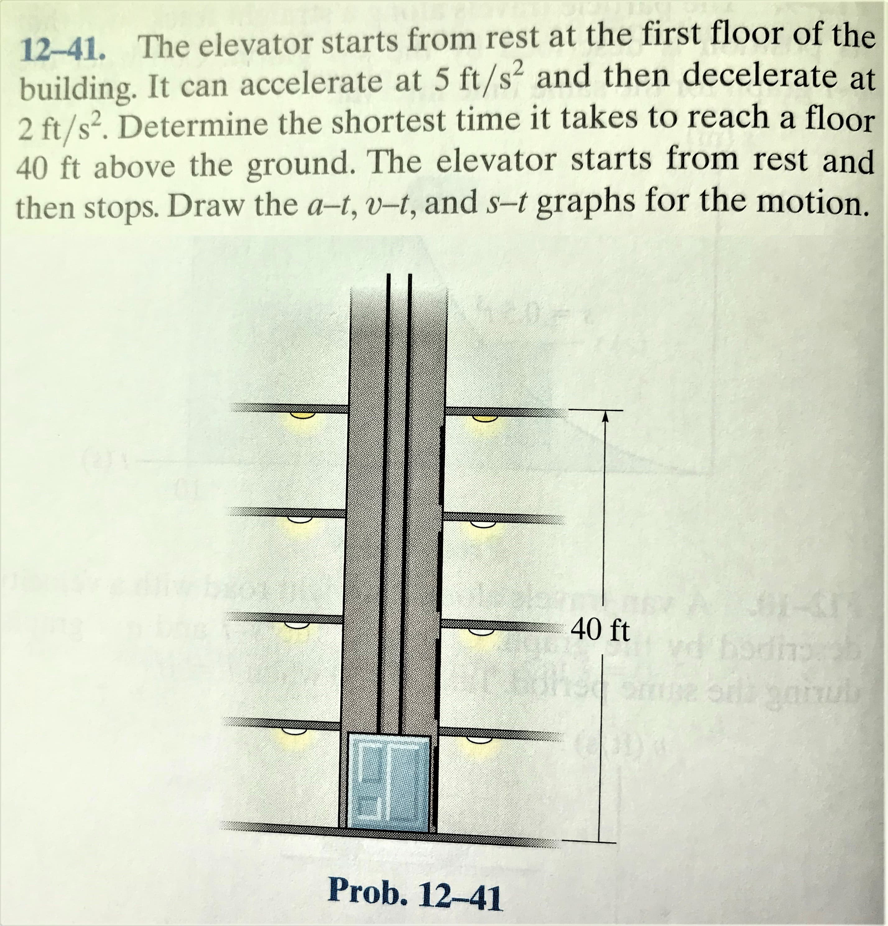 12-41. The elevator starts from rest at the first floor of the
building. It can accelerate at 5 ft/s and then decelerate at
2 ft/s². Determine the shortest time it takes to reach a floor
40 ft above the ground. The elevator starts from rest and
then stops. Draw the a-t, v-t, and s-t graphs for the motion.
heDe
01-4
hodins
ganu
40 ft
Prob. 12-41
