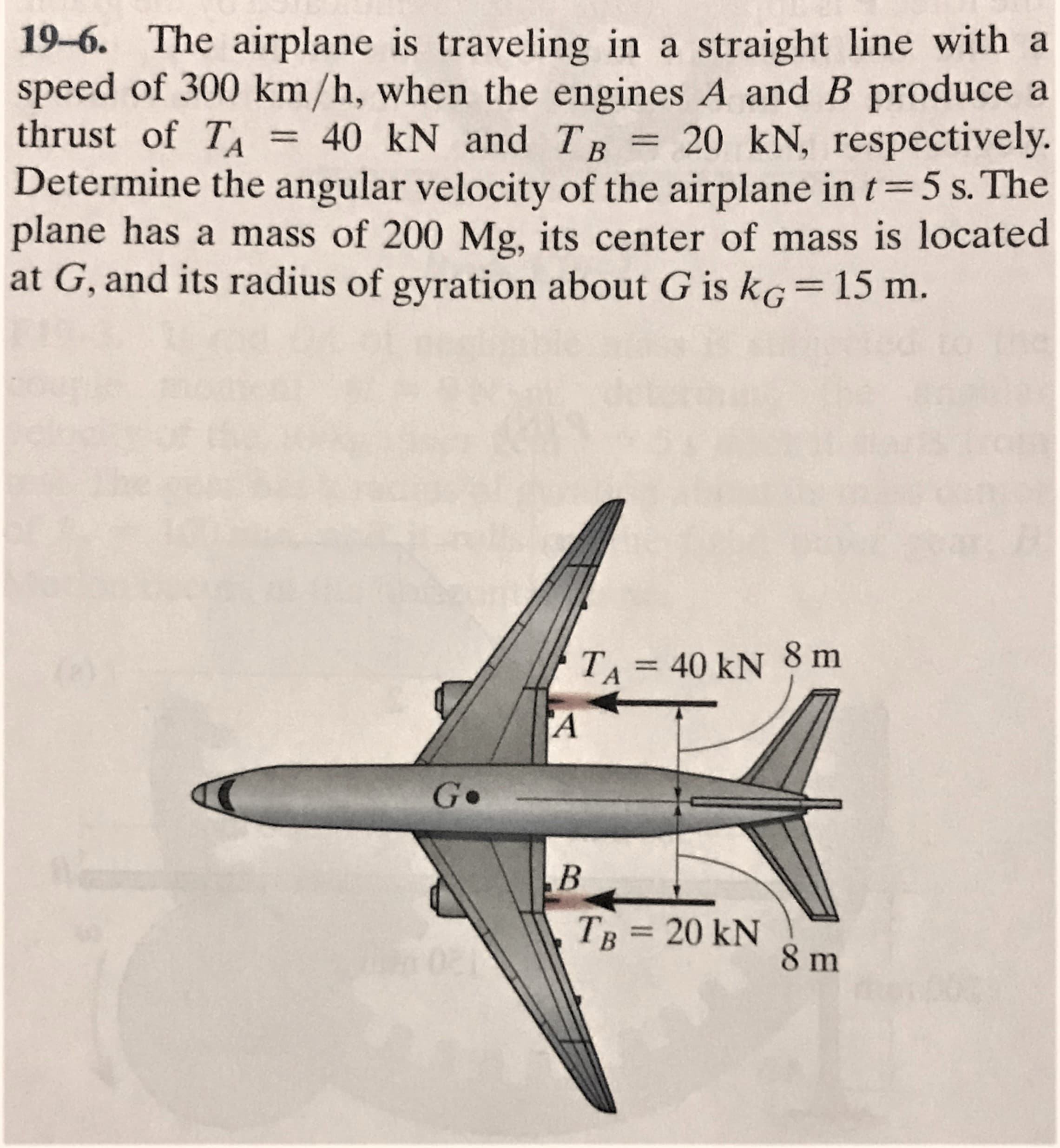 19-6. The airplane is traveling in a straight line with a
speed of 300 km/h, when the engines A and B produce a
thrust of TA = 40 kN and TR = 20 kN, respectively.
Determine the angular velocity of the airplane in t=5 s. The
plane has a mass of 200 Mg, its center of mass is located
at G, and its radius of gyration about G is kG=15 m.
%3D
TA = 40 kN 8 m
G•
B
TB = 20 kN
8 m
%3D
