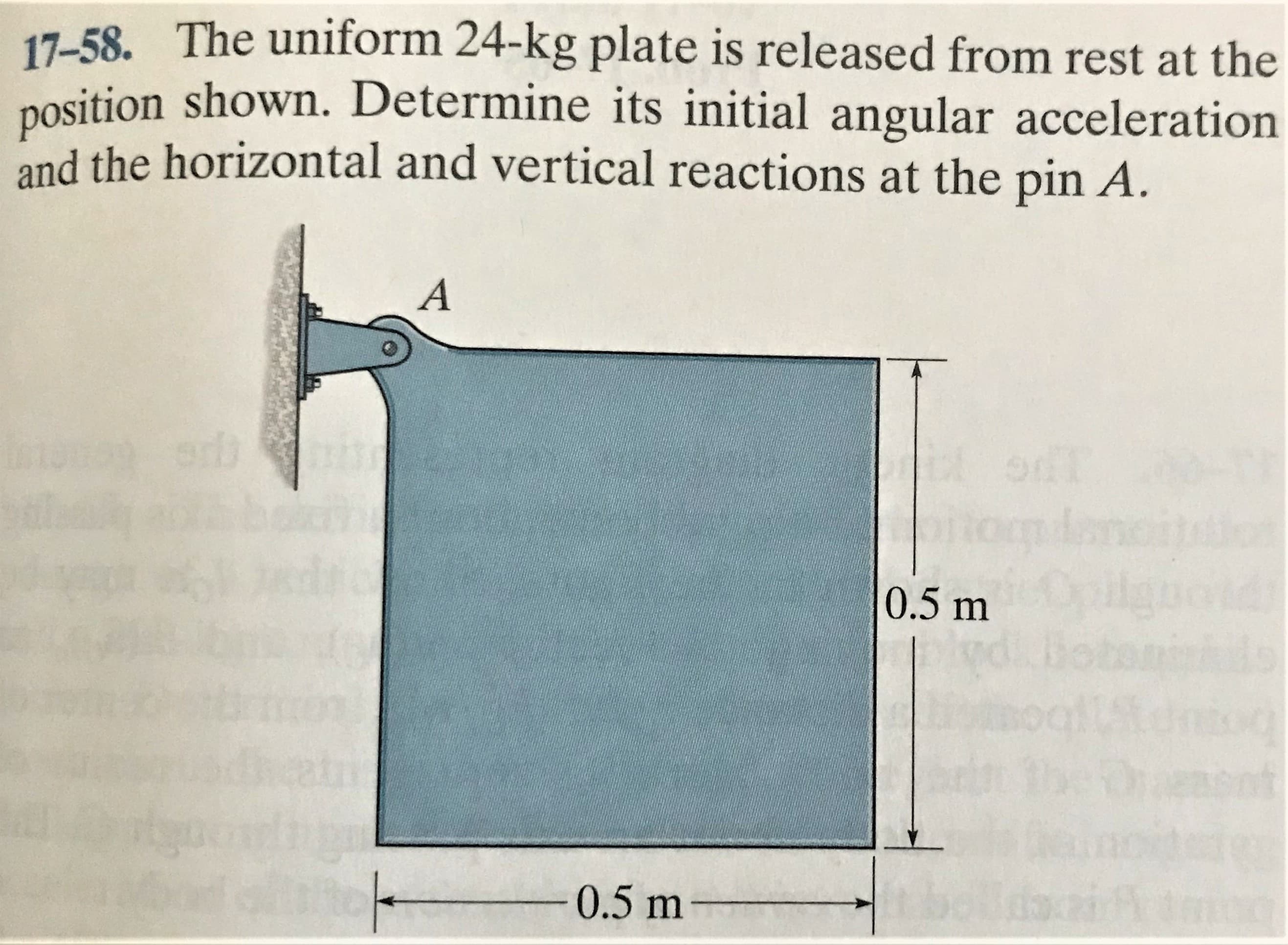 17-58. The uniform 24-kg plate is released from rest at the
position shown. Determine its initial angular acceleration
and the horizontal and vertical reactions at the pin A.
0.5 m
0.5 m
mor
