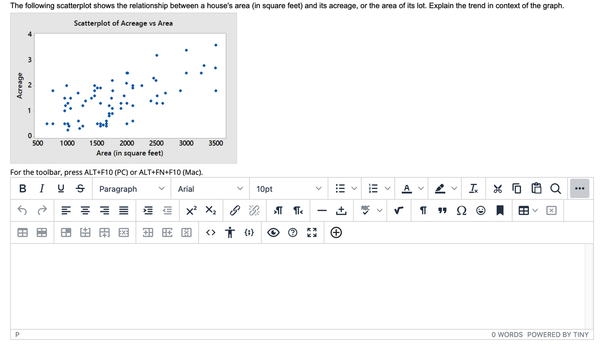 The following scatterplot shows the relationship between a house's area (in square feet) and its acreage, or the area of its lot. Explain the trend in context of the graph.
Scatterplot of Acreage vs Area
3
500
1000
1500
2000
2500
3000
3500
Area (in square feet)
For the toolbar, press ALT+F10 (PC) or ALT+FN+F10 (Mac).
BIU S
Paragraph
Arial
10pt
Ix
Q
...
x? X2
Ω Θ
ABC
-
田田
EX:
<> Ť {i}
P
O WORDS POWERED BY TINY
>
>
<>
!!!
+]
<>
2.
Acreage
