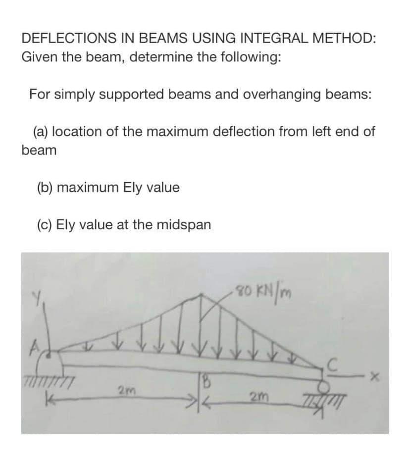 DEFLECTIONS IN BEAMS USING INTEGRAL METHOD:
Given the beam, determine the following:
For simply supported beams and overhanging beams:
(a) location of the maximum deflection from left end of
beam
(b) maximum Ely value
(c) Ely value at the midspan
80 KN/m
2m
k-
2m
