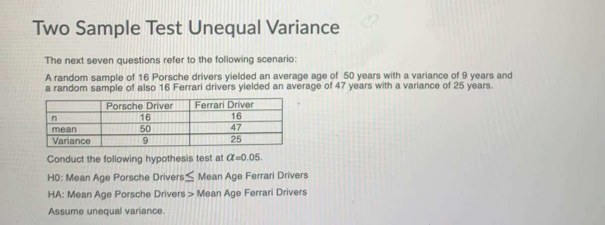 Two Sample Test Unequal Variance
The next seven questions refer to the following scenario:
A random sample of 16 Porsche drivers yielded an average age of 50 years with a variance of 9 years and
a random sample of also 16 Ferrari drivers yielded an average of 47 years with a variance of 25 years.
Ferrari Driver
16
Porsche Driver
16
mean
50
47
Variance
9.
25
Conduct the following hypothesis test at =0.05.
HO: Mean Age Porsche Drivers< Mean Age Ferrari Drivers
HA: Mean Age Porsche Drivers > Mean Age Ferrari Drivers
Assume unequal variance.
