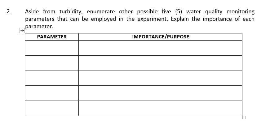 Aside from turbidity, enumerate other possible five (5) water quality monitoring
parameters that can be employed in the experiment. Explain the importance of each
parameter.
PARAMETER
IMPORTANCE/PURPOSE
+
2.
