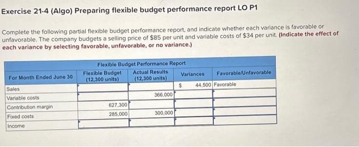 Exercise 21-4 (Algo) Preparing flexible budget performance report LO P1
Complete the following partial flexible budget performance report, and indicate whether each variance is favorable or
unfavorable. The company budgets a selling price of $85 per unit and variable costs of $34 per unit. (Indicate the effect of
each variance by selecting favorable, unfavorable, or no variance.)
For Month Ended June 30
Sales
Variable costs
Contribution margin
Fixed costs
Income
Flexible Budget Performance Report
Flexible Budget Actual Results
(12,300 units) (12,300 units)
627,300
285,000
366,000
300,000
Variances
Favorable/Unfavorable
$ 44,500 Favorable