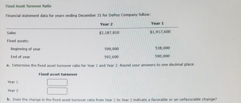 Fixed Asset Turnover Ratio
Financial statement data for years ending December 31 for DePuy Company follow:
Year 2
Year 1
Sales
$2,187,810
$1,917,600
Fixed assets:
Beginning of year
590,000
538,000
End of year
592,600
590,000
a. Determine the fixed asset turnover ratio for Year 1 and Year 2. Round your answers to one decimal place.
Fixed asset turnover
Year 1
Year 2
b. Does the change in the fixed asset turnover ratio from Year 1 to Year 2 indicate a favorable or an unfavorable change?
