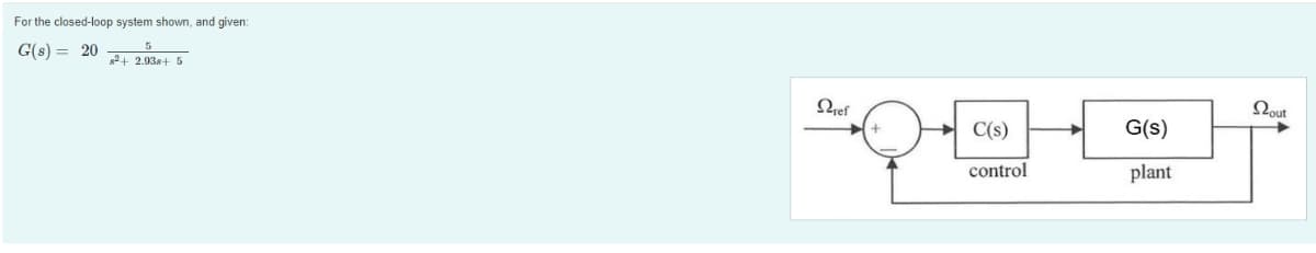 For the closed-loop system shown, and given:
5
G(s) 20 8²+ 2.938+ 5
Pref
+
C(s)
control
G(s)
plant
Sout
→