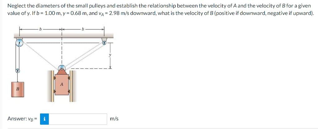 Neglect the diameters of the small pulleys and establish the relationship between the velocity of A and the velocity of B for a given
value of y. If b = 1.00 m, y = 0.68 m, and VA = 2.98 m/s downward, what is the velocity of B (positive if downward, negative if upward).
B
Answer: VB =
i
m/s