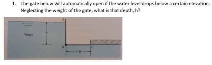 1. The gate below will automatically open if the water level drops below a certain elevation.
Neglecting the weight of the gate, what is that depth, h?
Water