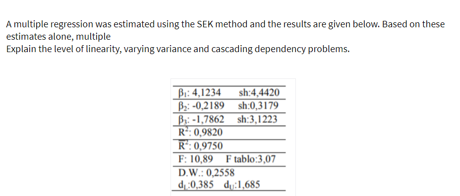 A multiple regression was estimated using the SEK method and the results are given below. Based on these
estimates alone, multiple
Explain the level of linearity, varying variance and cascading dependency problems.
Bi: 4,1234
B2: -0,2189
B3: -1,7862 sh:3,1223
R?: 0,9820
R*: 0,9750
F: 10,89 F tablo:3,07
sh:4,4420
sh:0,3179
D.W.: 0,2558
d1:0,385 dy:1,685
