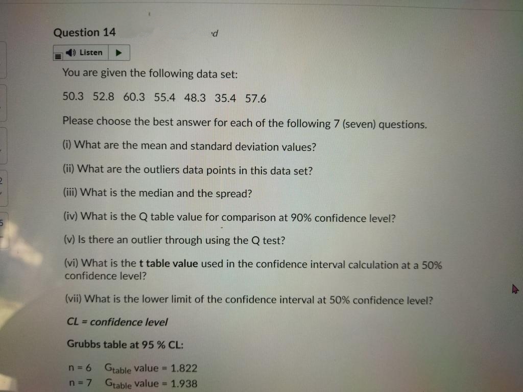 Question 14
) Listen
You are given the following data set:
50.3 52.8 60.3 55.4 48.3 35.4 57.6
Please choose the best answer for each of the following 7 (seven) questions.
(i) What are the mean and standard deviation values?
(ii) What are the outliers data points in this data set?
(iii) What is the median and the spread?
(iv) What is the Q table value for comparison at 90% confidence level?
(v) Is there an outlier through using the Q test?
(vi) What is the t table value used in the confidence interval calculation at a 50%
confidence level?
(vii) What is the lower limit of the confidence interval at 50% confidence level?
CL = confidence level
Grubbs table at 95 % CL:
n = 6
Grable value = 1.822
Gtable Value = 1.938
n = 7
