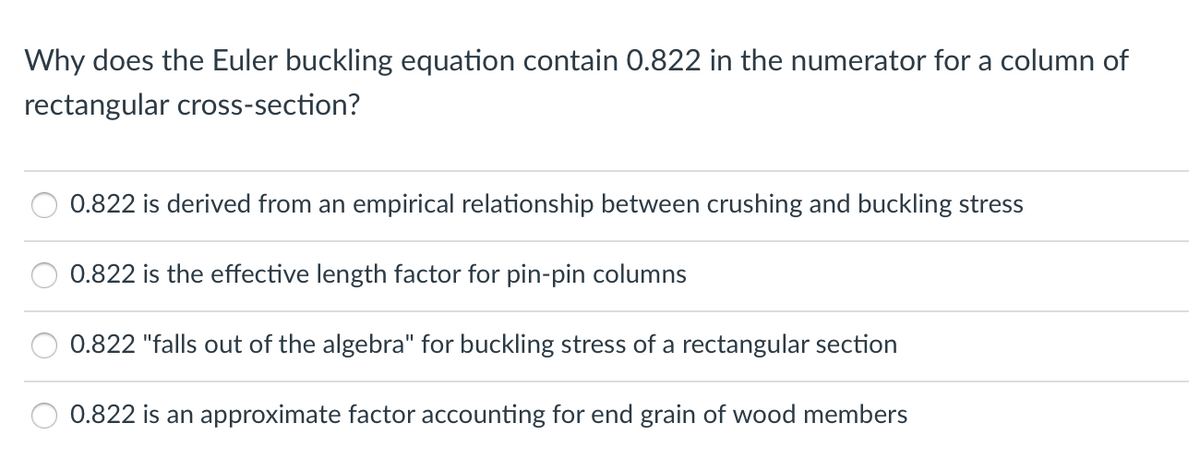 Why does the Euler buckling equation contain 0.822 in the numerator for a column of
rectangular cross-section?
0.822 is derived from an empirical relationship between crushing and buckling stress
0.822 is the effective length factor for pin-pin columns
0.822 "falls out of the algebra" for buckling stress of a rectangular section
0.822 is an approximate factor accounting for end grain of wood members
