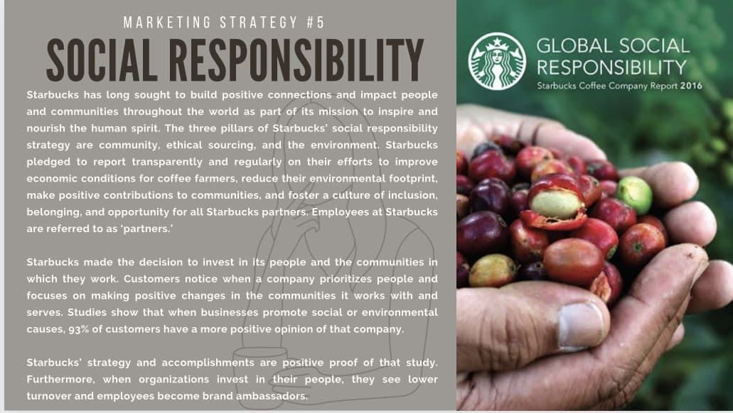 MARKETING STRATEGY #5
SOCIAL RESPONSIBILITY
Starbucks has long sought to build positive connections and impact people
and communities throughout the world as part of its mission to inspire and
nourish the human spirit. The three pillars of Starbucks' social responsibility
strategy are community, ethical sourcing, and the environment. Starbucks
pledged to report transparently and regularly on their efforts to improve
economic conditions for coffee farmers, reduce their environmental footprint,
make positive contributions to communities, and foster a culture of inclusion,
belonging, and opportunity for all Starbucks partners. Employees at Starbucks
are referred to as 'partners.'
Starbucks made the decision to invest in its people and the communities in
which they work. Customers notice when a company prioritizes people and
focuses on making positive changes in the communities it works with and
serves. Studies show that when businesses promote social or environmental
causes, 93% of customers have a more positive opinion of that company.
Starbucks' strategy and accomplishments are positive proof of that study.
Furthermore, when organizations invest in their people, they see lower
turnover and employees become brand ambassadors.
GLOBAL SOCIAL
RESPONSIBILITY
Starbucks Coffee Company Report 2016